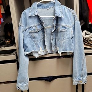 Oversized distressed cropped jean jacket size M